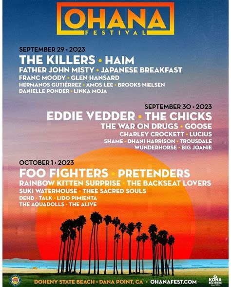 Ohana fest - Apr 11, 2022 ... Ohana Fest 2022 lineup: Stevie Nicks, Jack White, Eddie Vedder, P!nk & more ... Ohana Festival, which was founded by Eddie Vedder, returns to ...